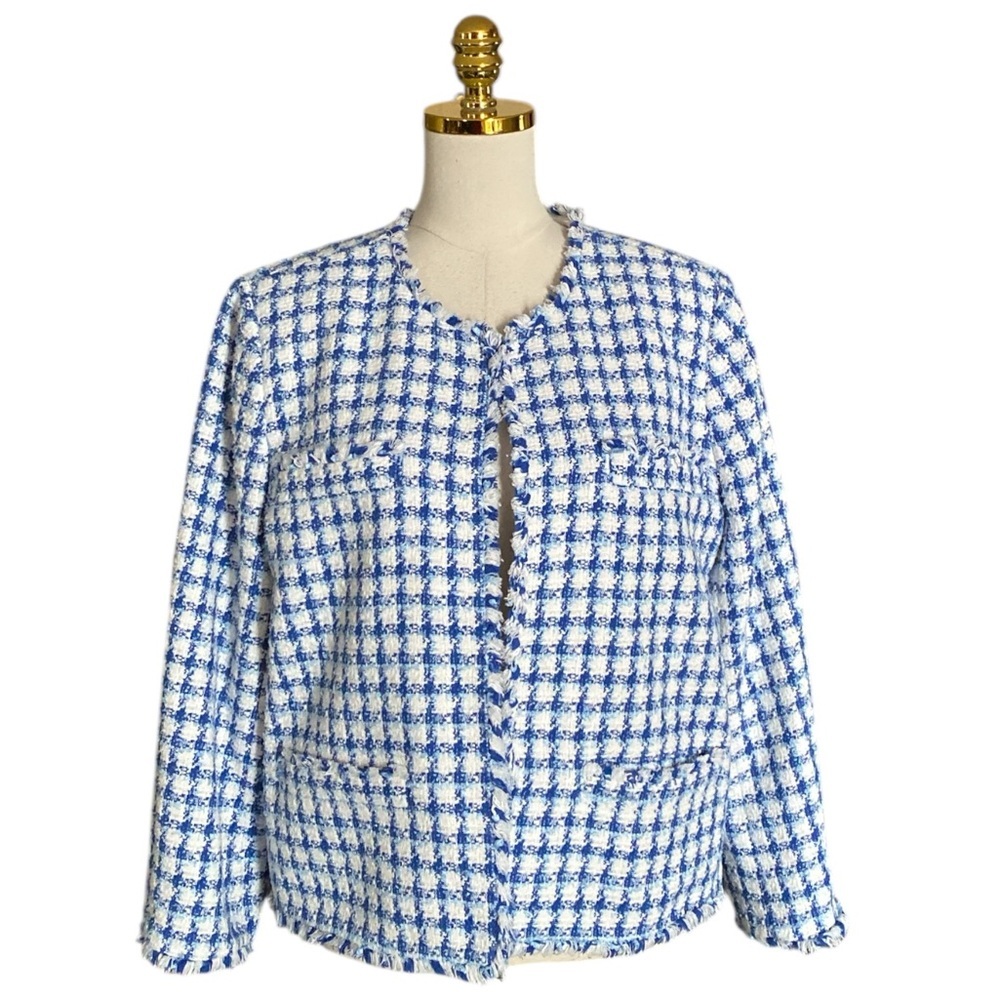 Ann Taylor Women Blue White Plaid Classic Tweed Fringe Trim Office Blazer Sz 16 - Picture 3 of 10